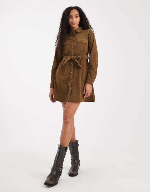 Threadbare – Hemdkleid aus Cord in Khaki mit durchgehender Knopfleiste, 2 von 4