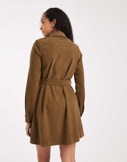 Threadbare – Hemdkleid aus Cord in Khaki mit durchgehender Knopfleiste, 3 von 4