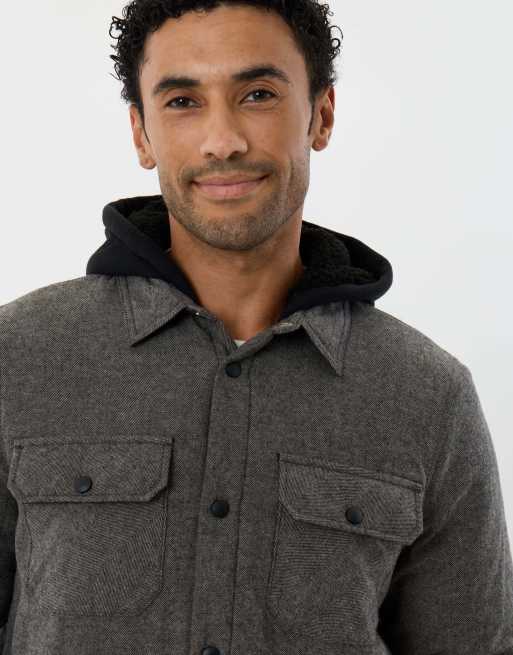 Threadbare Herringbone flannel shacket with sherpa lined hood in brown, 3 of 5