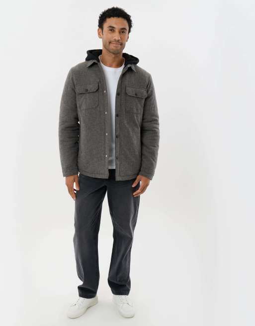 Threadbare Herringbone flannel shacket with sherpa lined hood in brown, 4 of 5