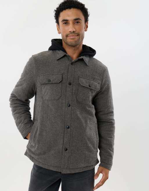 Threadbare Herringbone flannel shacket with sherpa lined hood in brown, 5 of 5