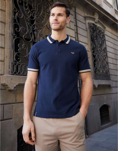 Threadbare Herringbone tipping cotton pique polo shirt in navy - view 1