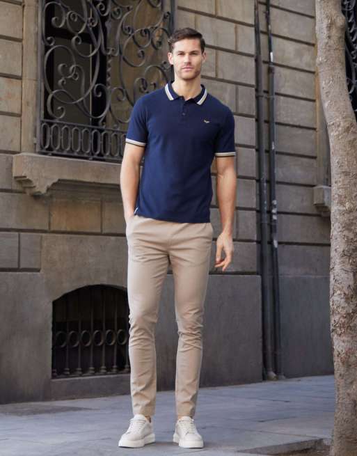 Threadbare Herringbone tipping cotton pique polo shirt in navy, 3 of 5