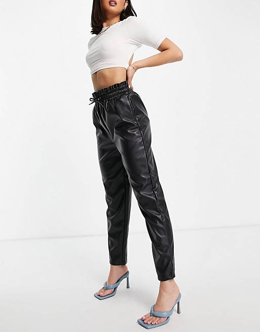 Threadbare Hetty PU paperbag waist trousers in black