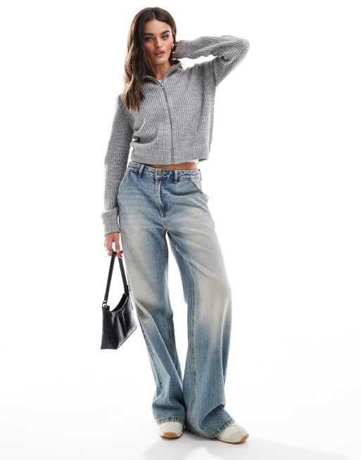 Threadbare high collar ribbed zip through jumper in grey