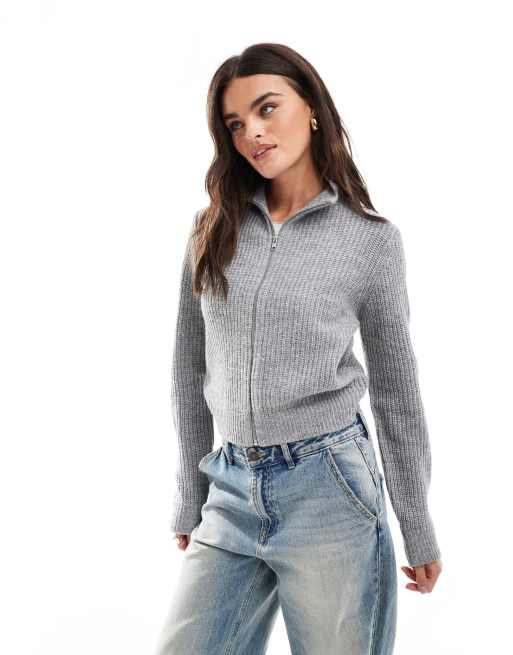 Threadbare high collar ribbed zip through jumper in grey
