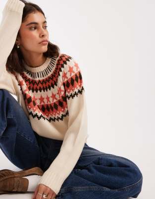 Threadbare Threadbare high neck fairisle jumper in cream-Multi