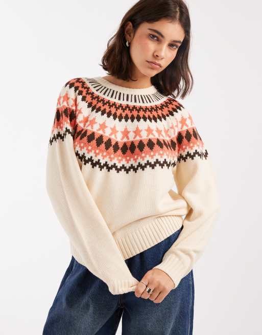 Threadbare high neck fairisle jumper in cream, 2 of 4
