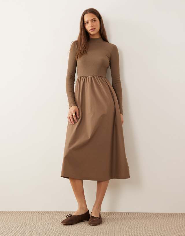 Threadbare high neck jersey poplin mix midi dress in mocha | ASOS
