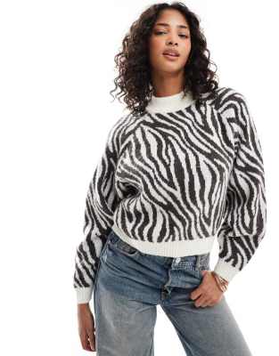 high neck knit sweater in zebra print-Multi