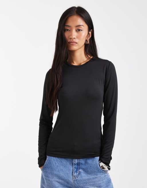 Threadbare high neck long sleeve jersey top in black