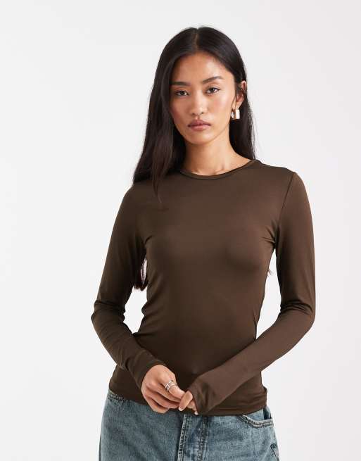 Threadbare high neck long sleeve jersey top in brown