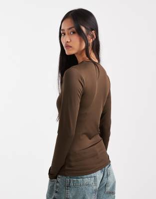 Threadbare High Neck Long Sleeve Jersey Top In Brown