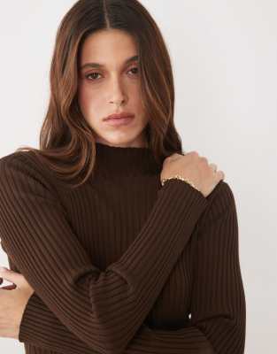 Threadbare High Neck Long Sleeve Knit Top In Brown