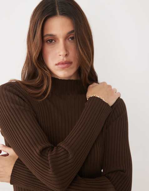 Threadbare high neck long sleeve knit top in brown - view 1