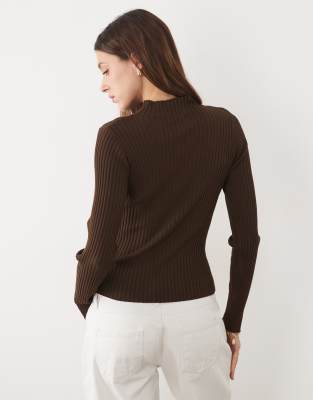 Threadbare High Neck Long Sleeve Knit Top In Brown
