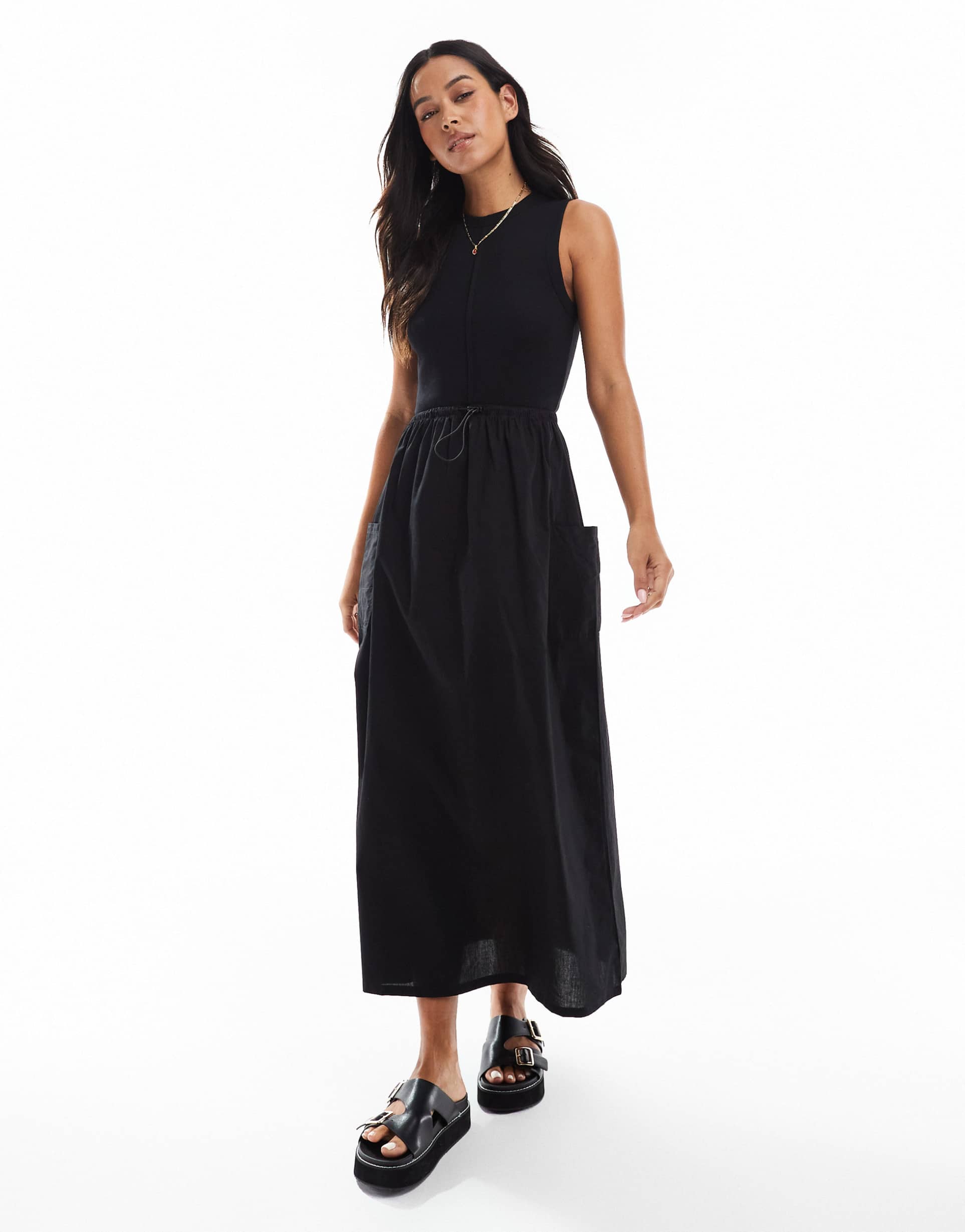 threadbare high neck maxi dress with poplin skirt and waist detail in black