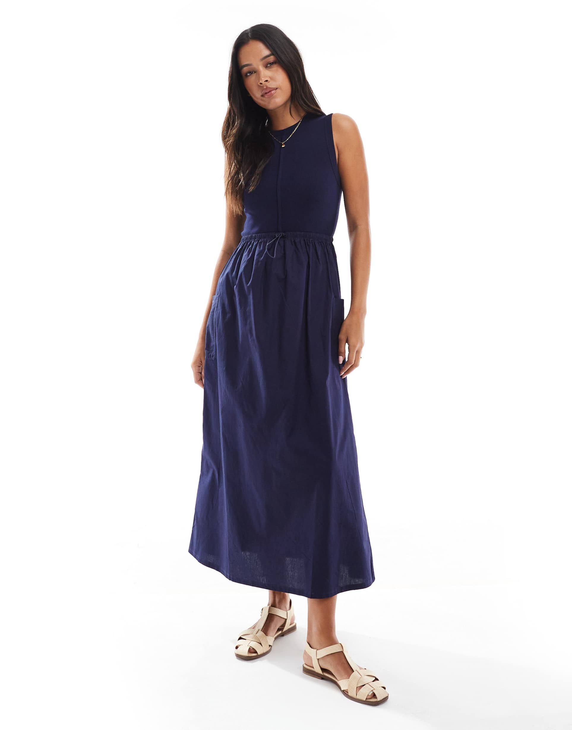 threadbare high neck maxi dress with poplin skirt and waist detail in navy
