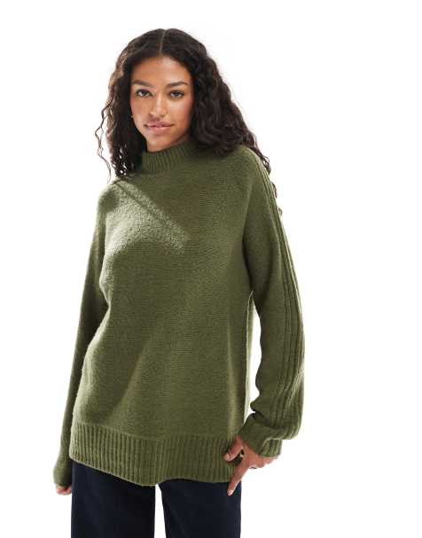 Threadbare high neck oversized jumper in khaki - view 1