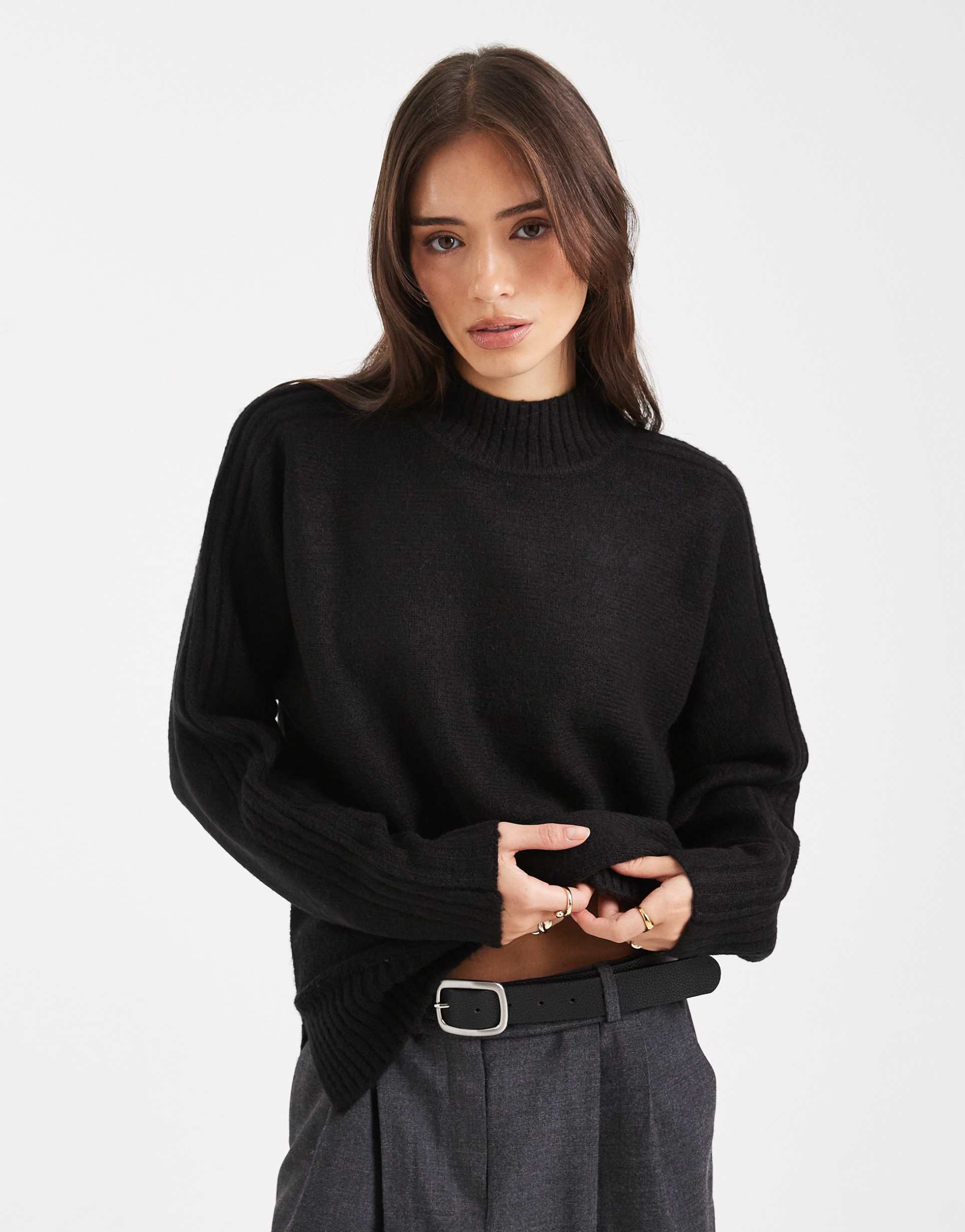 threadbare high neck oversized sweater in black
