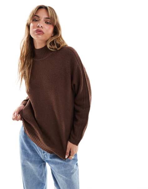 Threadbare high neck oversized sweater in dark brown - view 1