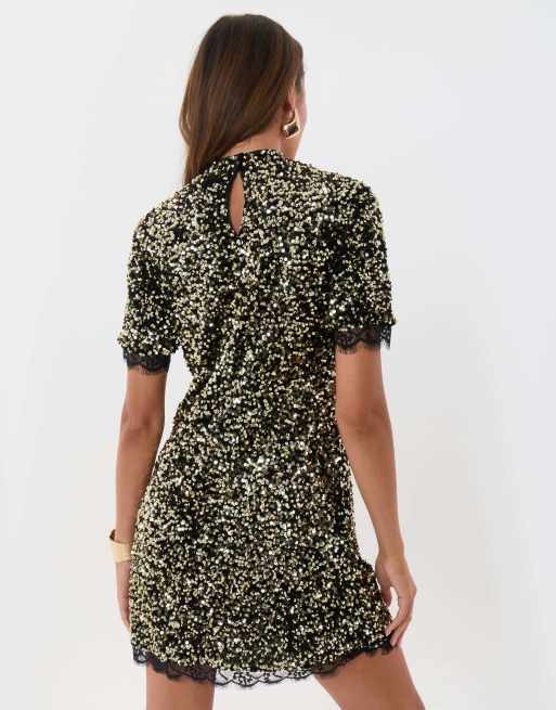Threadbare High neck sequin mini dress in bronze, 2 of 5