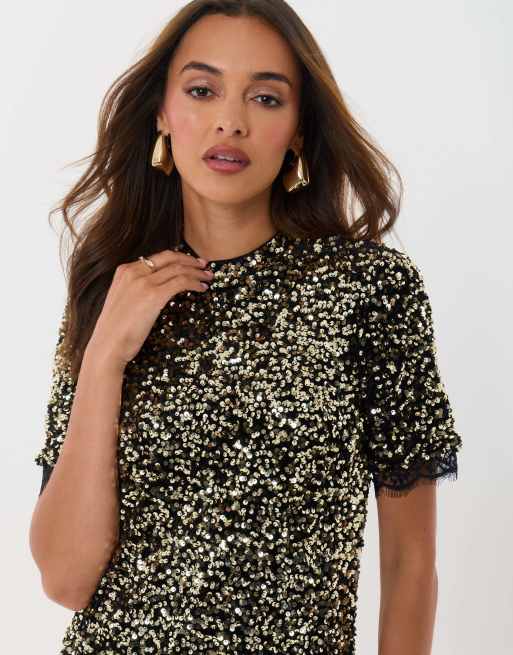 Threadbare High neck sequin mini dress in bronze, 3 of 5