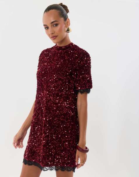 Threadbare High neck sequin mini dress in burgundy - view 1