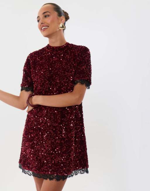 Threadbare High neck sequin mini dress in burgundy, 3 of 5