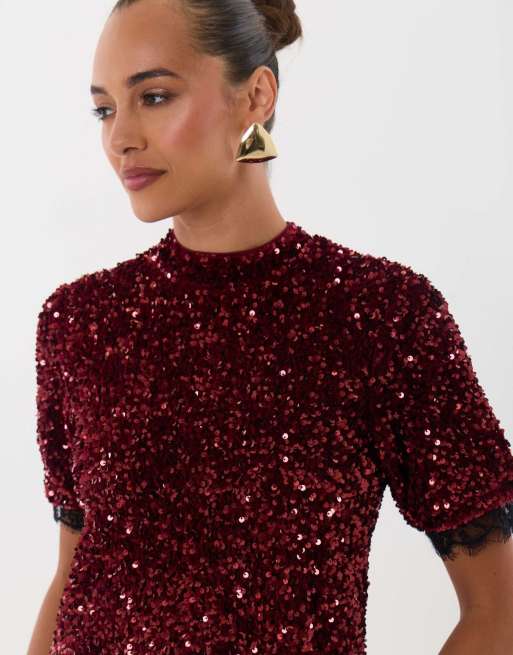 Threadbare High neck sequin mini dress in burgundy, 4 of 5