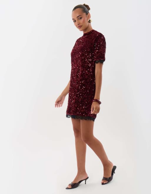 Threadbare High neck sequin mini dress in burgundy, 5 of 5