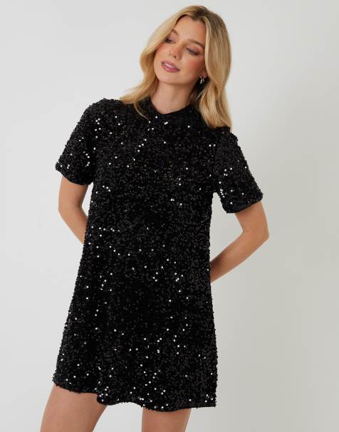 Threadbare High neck sequin velour mini dress in black - view 1