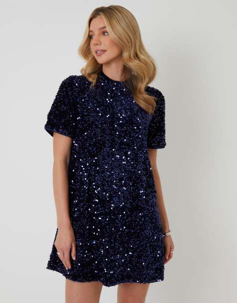 Threadbare High neck sequin velour mini dress in navy - view 1