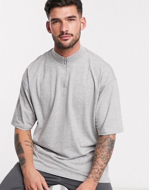 Threadbare high neck t-shirt with half zip in grey marl