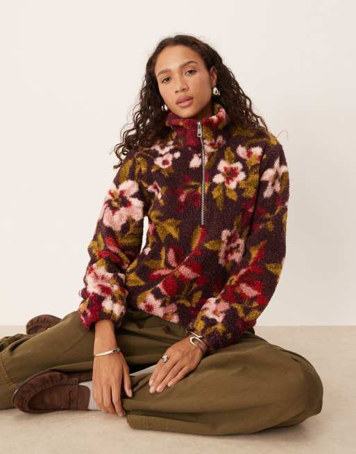 Threadbare high neck zip front fleece in fig floral print