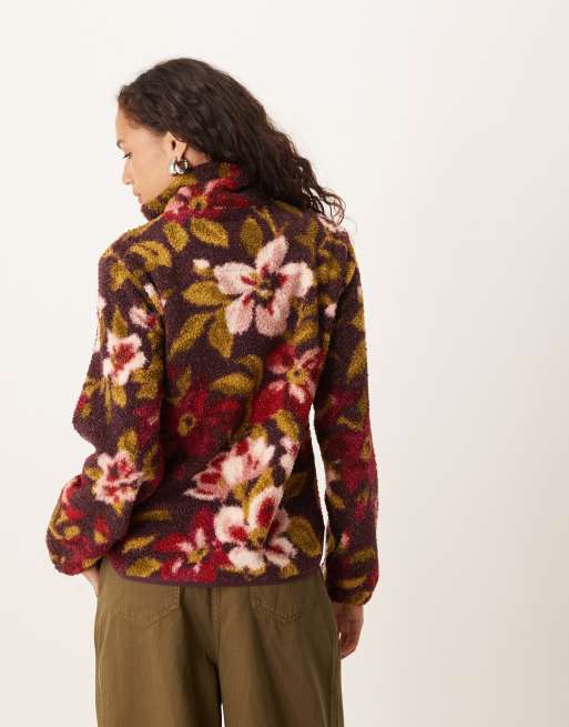 Threadbare high neck zip front fleece jacket in fig floral print