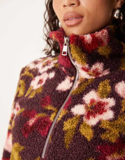 Threadbare high neck zip front fleece jacket in fig floral print