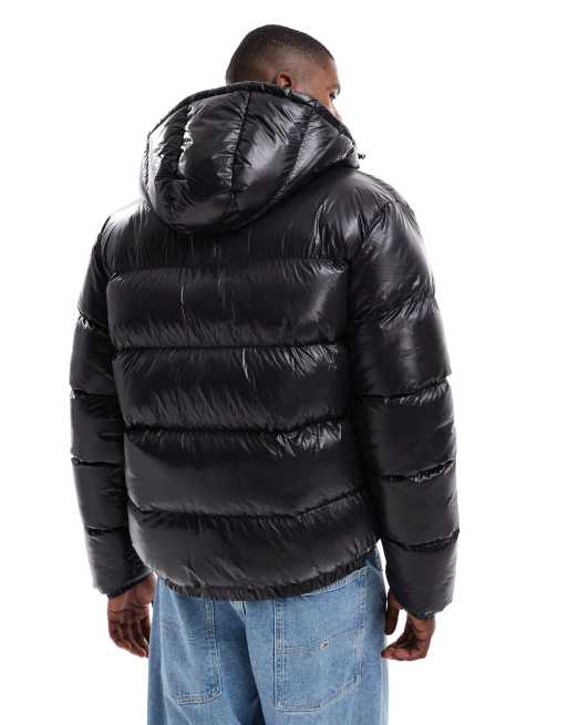 Threadbare high shine hooded puffer jacket in black | ASOS
