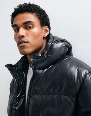 Threadbare high shine hooded puffer jacket in black
