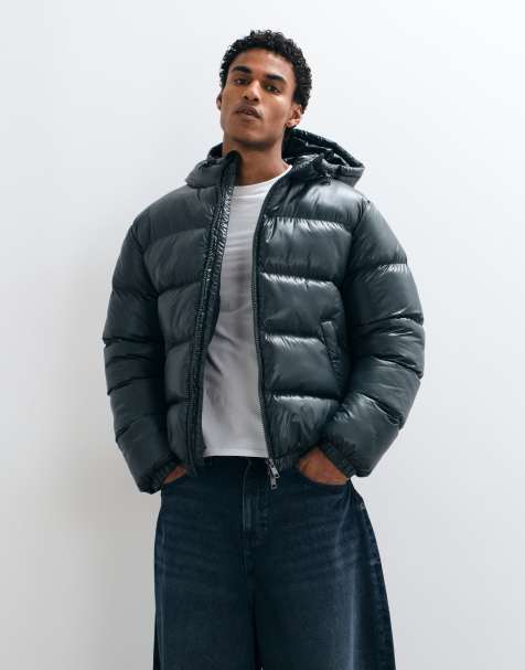 Threadbare high shine hooded puffer jacket in green - view 1