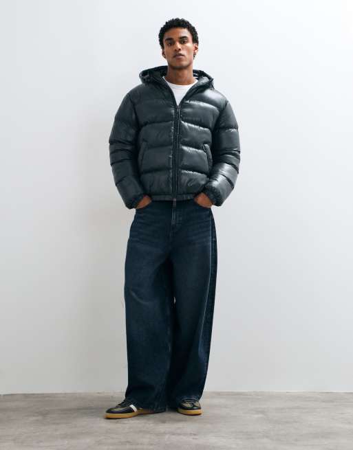 Threadbare high shine hooded puffer jacket in green, 2 of 5