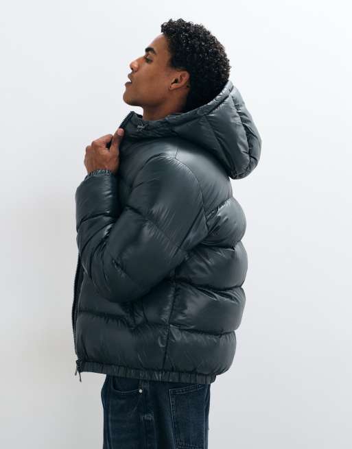 Threadbare high shine hooded puffer jacket in green, 4 of 5