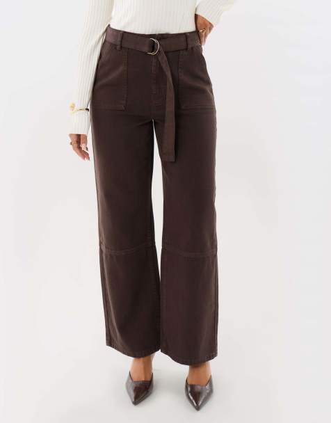 Threadbare High waisted cargo jeans with belt in chocolate brown - view 1