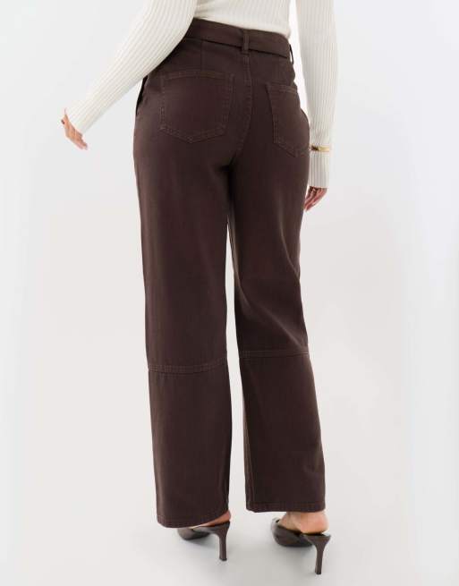 Threadbare High waisted cargo jeans with belt in chocolate brown, 2 of 4