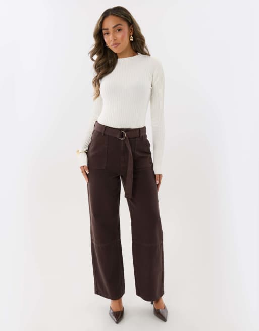 Threadbare High waisted cargo jeans with belt in chocolate brown, 3 of 4