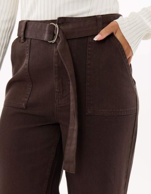 Threadbare High waisted cargo jeans with belt in chocolate brown, 4 of 4