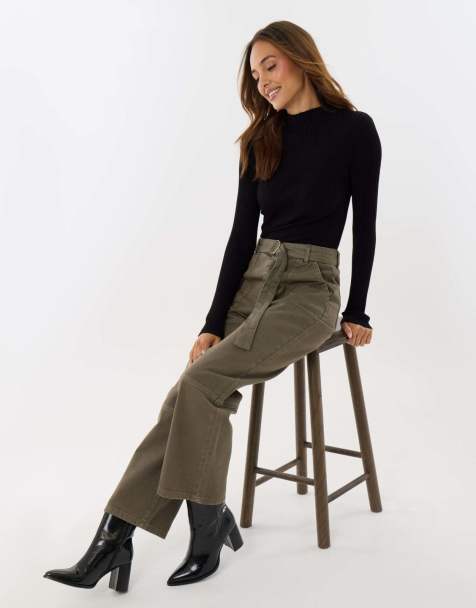 Threadbare High waisted cargo jeans with belt in khaki - view 1