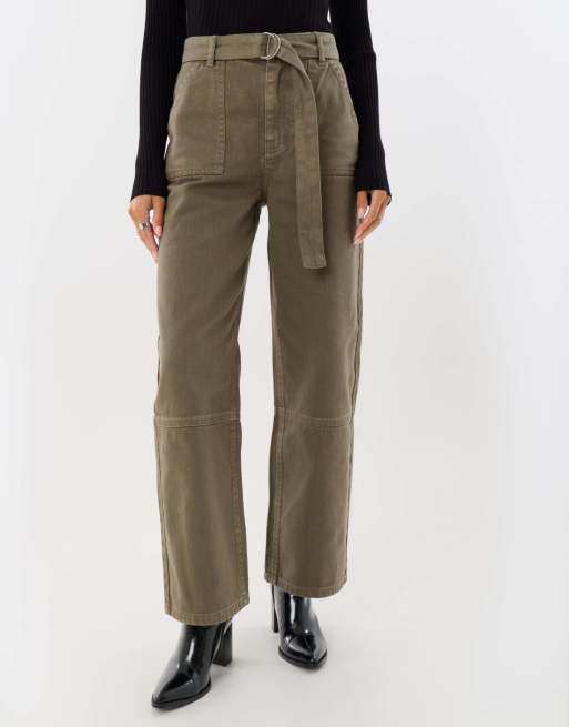 Threadbare High waisted cargo jeans with belt in khaki, 2 of 4