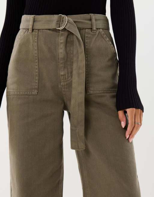 Threadbare High waisted cargo jeans with belt in khaki, 3 of 4