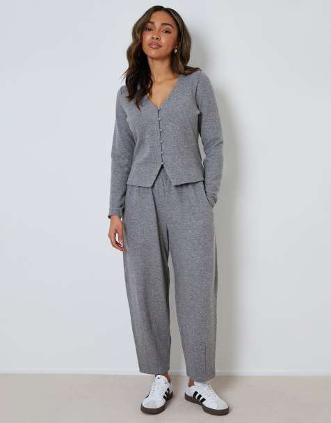 Threadbare High waisted ribbed barrel leg joggers in grey - view 1